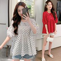  Pregnant women chiffon shirt summer short-sleeved doll polka dot temperament top t-shirt womens shirt short fashion two-piece set