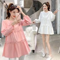 Pregnant womens t-shirt autumn long-sleeved Korean version of belly cover and age-reducing doll shirt medium-length loose shirt dress two-piece set