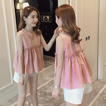  Maternity t-shirt suit Summer Korean cotton and linen short maternity sleeveless pink top casual shorts two-piece set