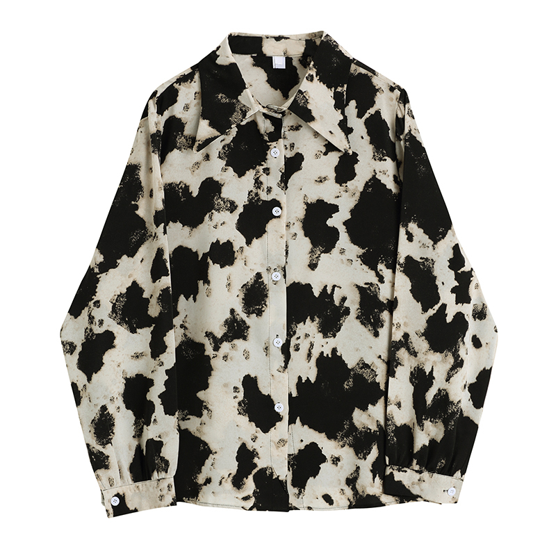 Cow Print Shirt Polyester Blouse Women's Spring Black and White Design Niche New Wrinkle-Resistant Long-Sleeve Hong Kong Style Salt Style Top
