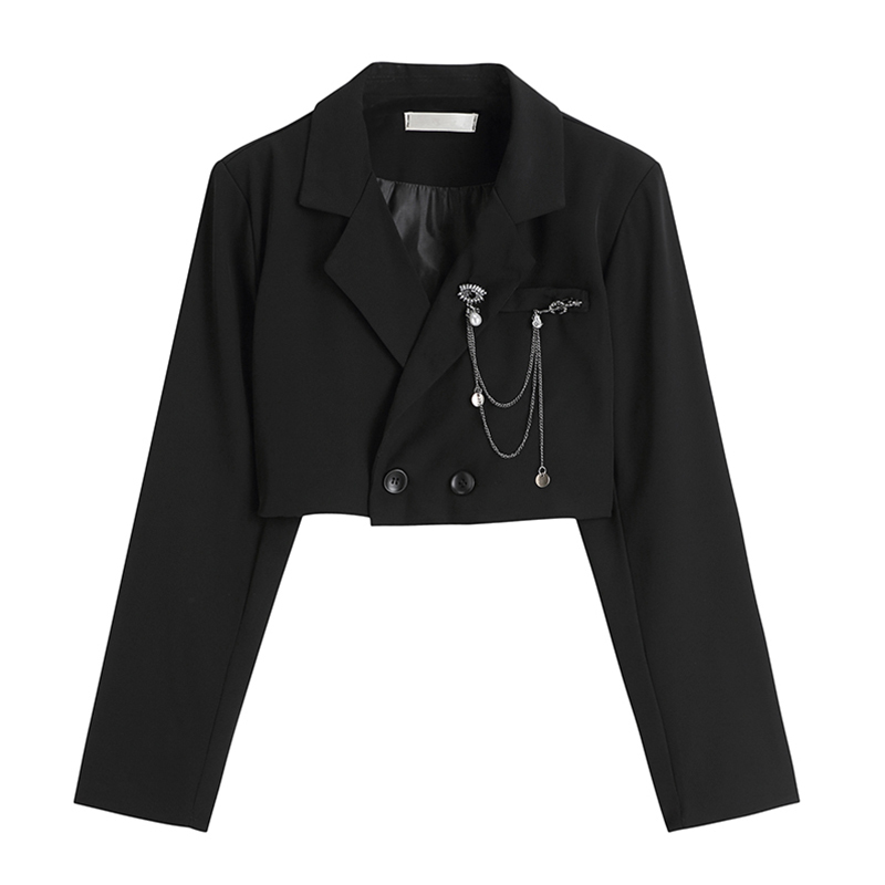 2026 Spring New Style Unique Waist-Exposing Lapel Blazer for Women, Versatile with Pin Pendant, Slimming Navel-Exposing Long-Sleeve Short Jacket
