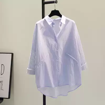 Tide brand 2021 New Korean version Joker splicing vertical stripe medium and long version of shirt women loose large size shirt coat