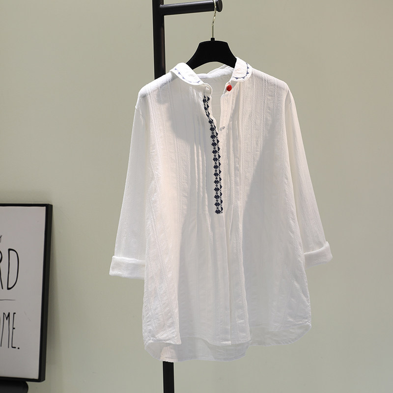 Hong Kong Tide Card 2022 New Cotton Linen Shirt Woman Dress Blouse Doll Collar Minus Age Cross Embroidered Shirt Jacket