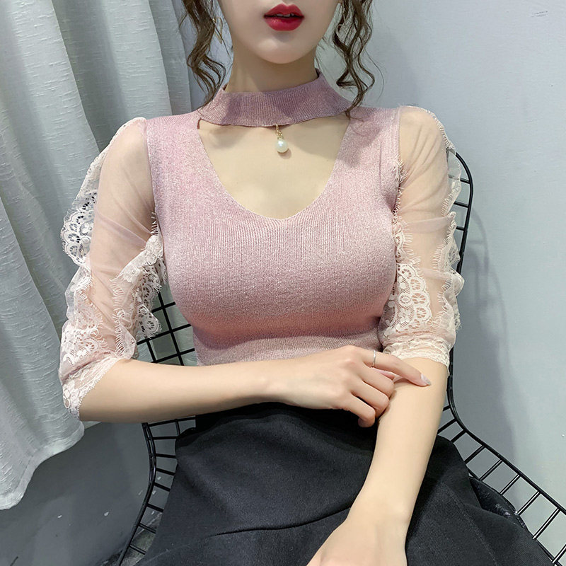 Hong Kong Tide Card 2022 New Hollowed-out Lace Mesh Yarn Knit Cardiovert Blouse Blouse 70% Sleeve Ice Silk T-shirt Woman