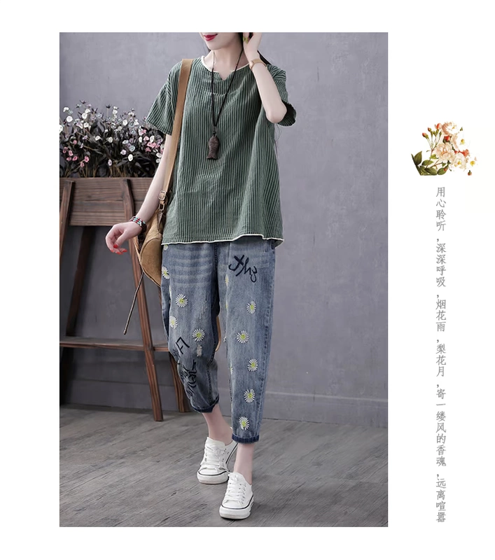 Han Suoyi retro văn học mùa hè của phụ nữ sọc mỏng cotton và áo thun ngắn tay nữ áo thun cổ chữ V mỏng là mỏng - Áo phông