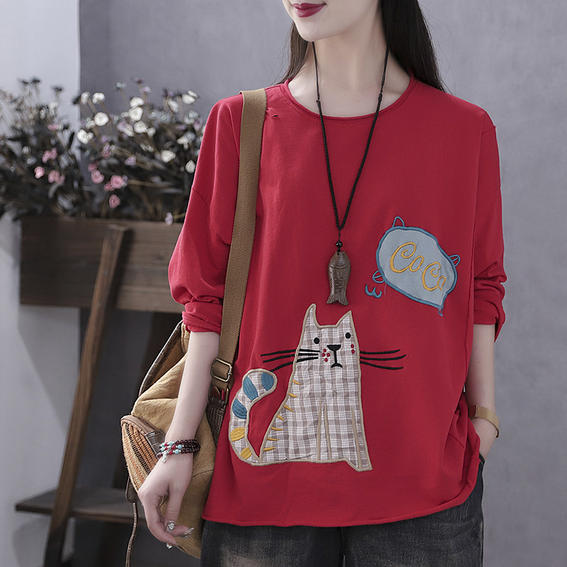 Han Suoyi retro literary autumn new long-sleeved t-shirt female loose bf lazy style patch embroidered cat top