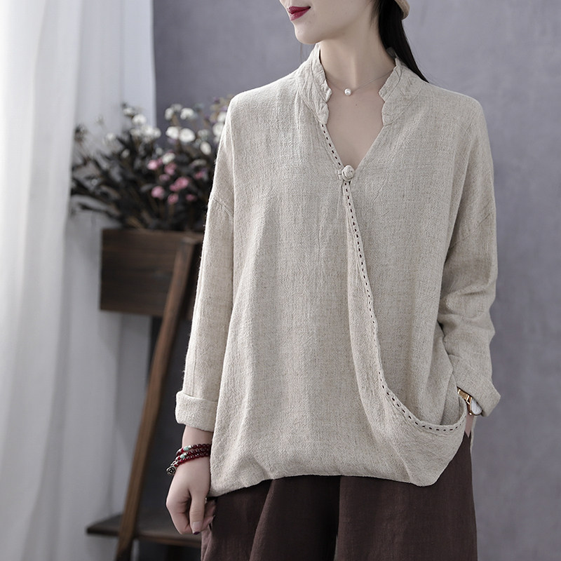 Han Soyi Retro Art Spring Autumn Season New V-collar disc buckle irregular cotton linen blouse women long sleeve hemp cotton T-shirt