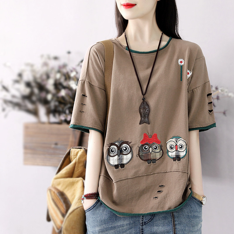 Han Suoyi retro literature and art summer women's loose lazy top patch embroidered owl t-shirt women's short-sleeved national tide