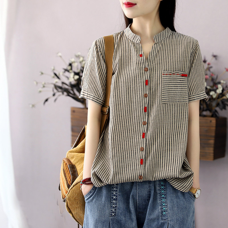 Han Soyi Retro Art Summer New Women's Slim Fit Slim Fit Slim Cotton Linen Shirt Woman Short Sleeve