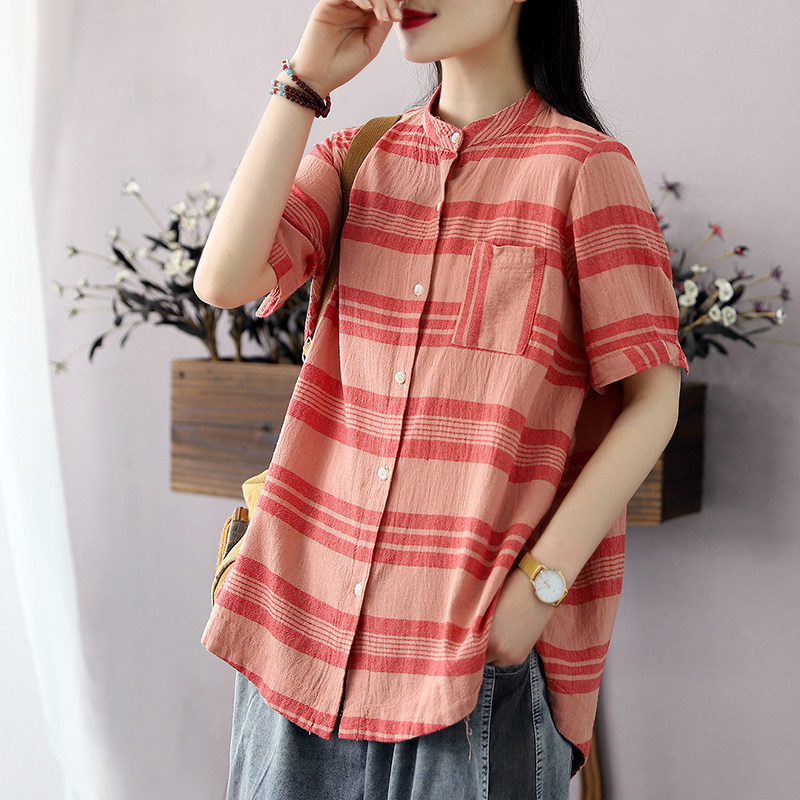 Han Soyi Retro Art Summer New Short Sleeve Cotton Linen Shirt Woman Thin loose striped display slim collar blouse
