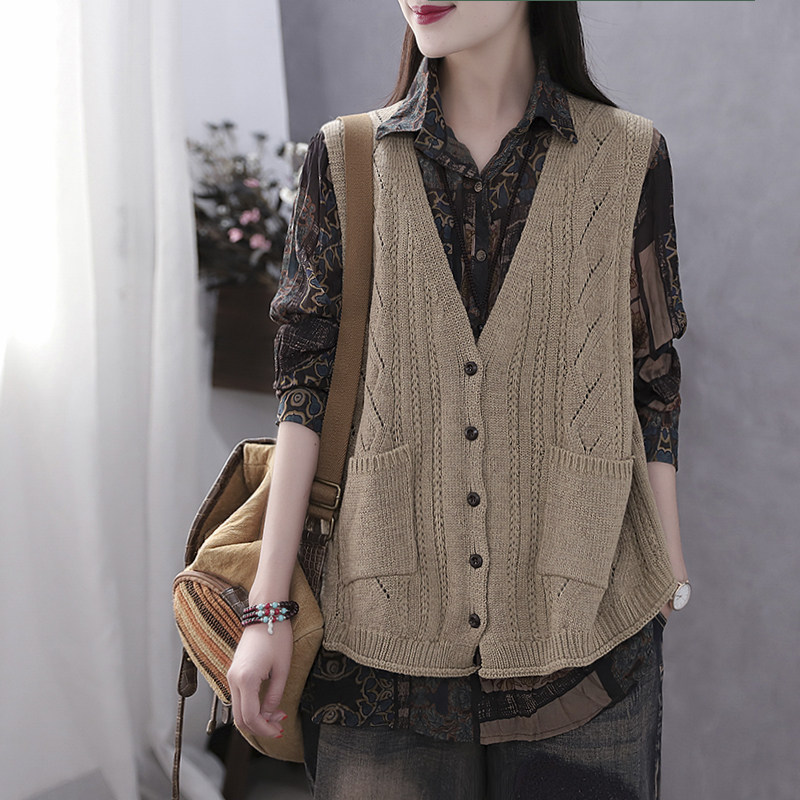 Han Soyi Retro Art Autumn Winter New Stitch Sweatshirt Waistcoat Waistcoat Women Loose Outside Wearing Sleeveless Sweater Jacket