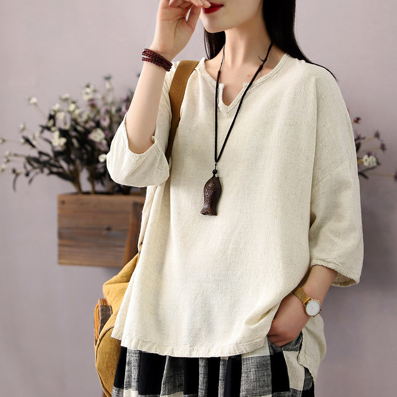 Hanso Yi Yi Yi Ancient Culture Spring and Summer New Women's Wear Five-Knife Cotton T-shirt Lazy Wind V-collar Coat