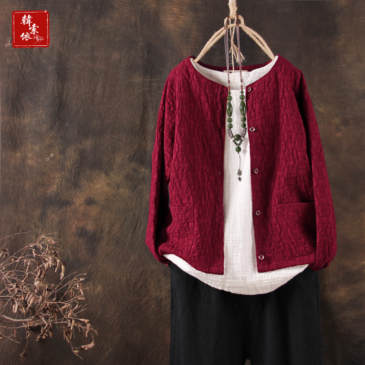 Han Suoyi Văn học retro mùa xuân và mùa thu mới cotton và vải lanh phụ nữ hoang dã áo khoác nữ ngắn đoạn áo len dài tay đồ công sở nữ