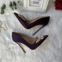 Elegant Purple Sardine Silk Satin Rhinestone Pearl Bow Pointed Toe 12cm Sexy High Shoes