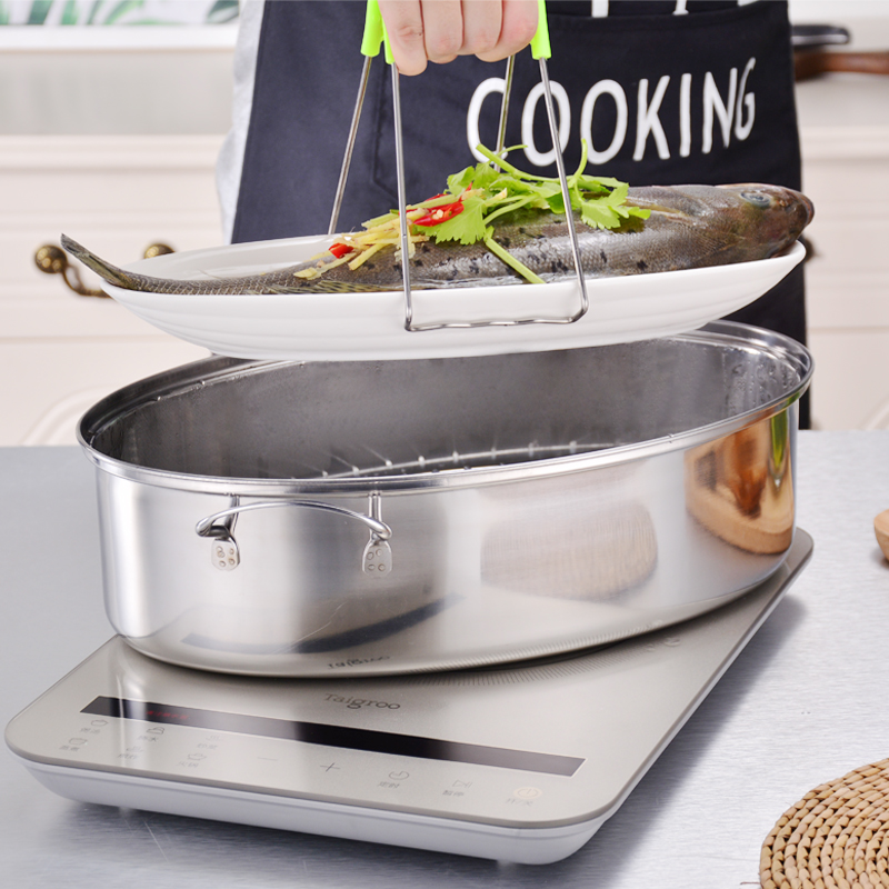Steamed Fish Pan Large home thickened stainless steel 38cm Elliptical Steam Pot 1 floor One layer of induction cookware Steamed Fish Pan
