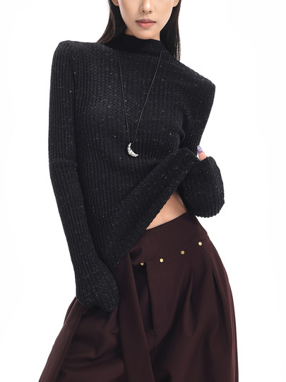 Ken Studio New Autumn and Winter Black Long-Sleeved Sweater for Women with Textured Half-High Collar and Slim Fit Inner Knitted Top