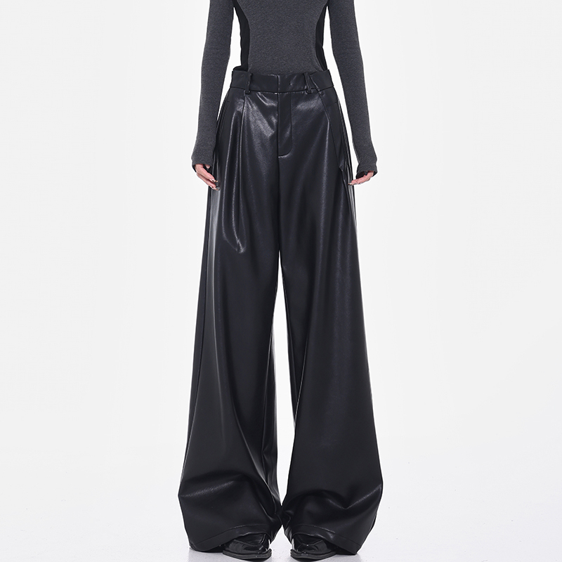 Kenabstudio Autumn and Winter New Retro Black Suit Pu Leather Pants Women's High-Waisted Loose Drape Wide-Leg Pants