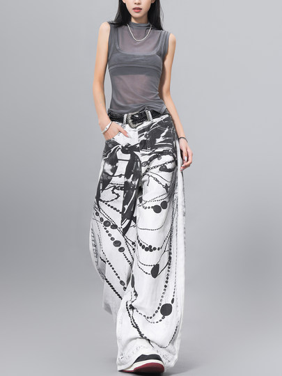 Ken Studio Ink Print Design Washed Jeans for Women Summer Street High-Waisted Loose Slimming Pants