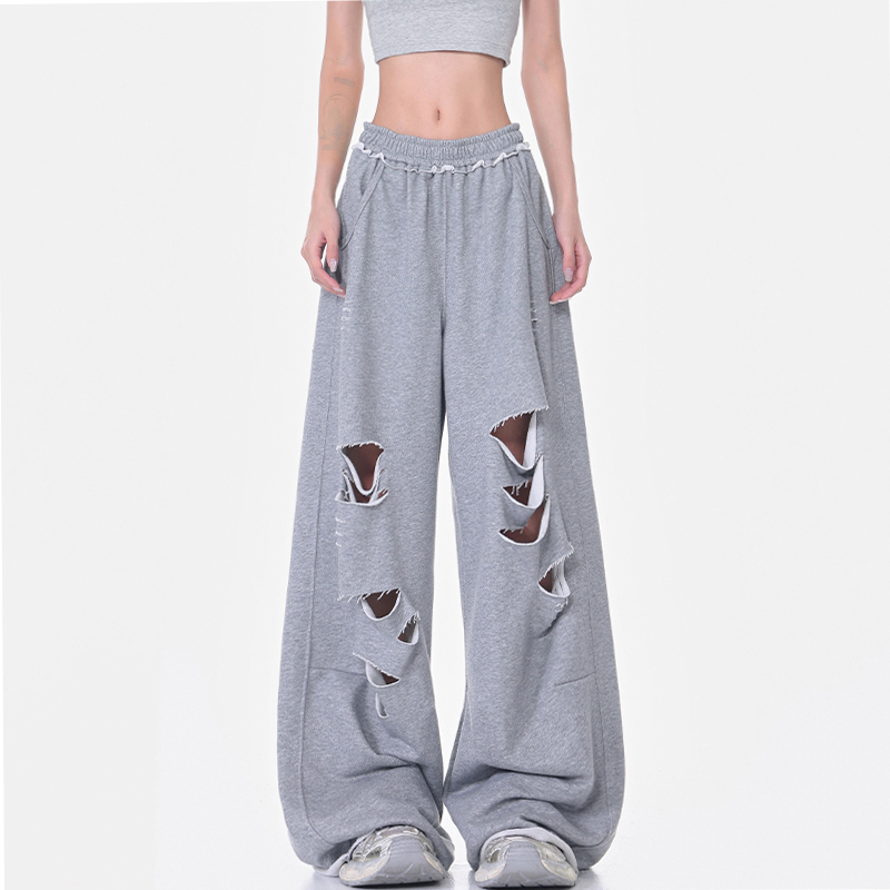 Kenabstudio Summer New Style Gray Drapey Ripped Sweatpants Women's High-Waisted Loose Wide-Leg Pants