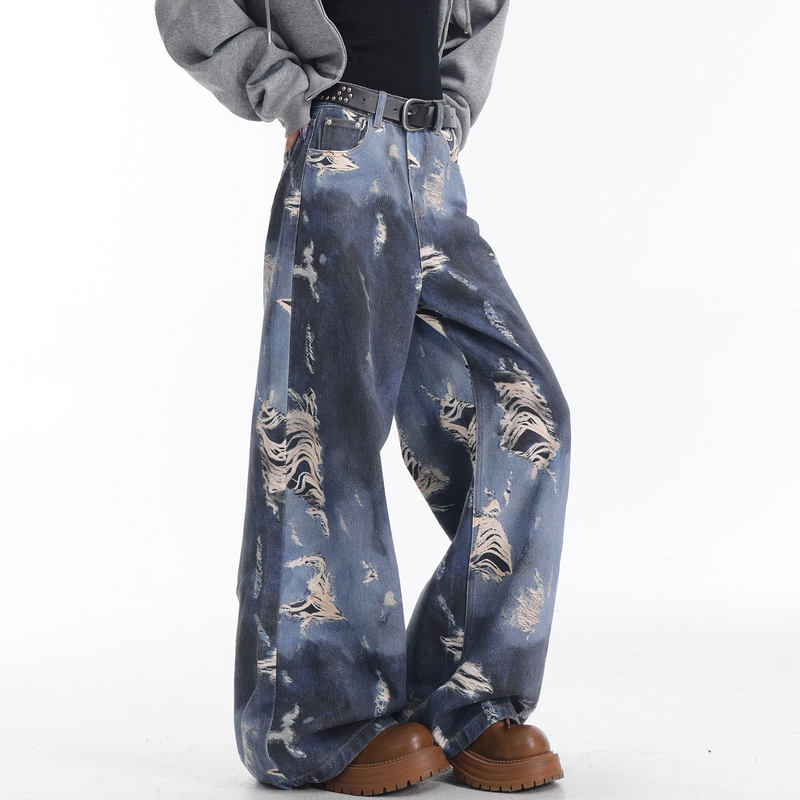 Kenabstudio Spring and Autumn New American Retro Tie-Dye Wide-Leg Jeans for Women, Loose and Slimming Floor-Length Pants