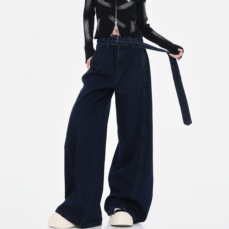 Kenabstudio Spring and Autumn High-Waisted Loose Wide-Leg Jeans for Women, Vintage Blue Design with Belt, Floor-Length Pants