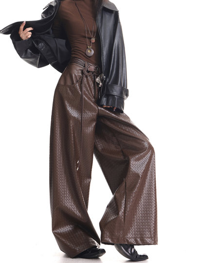 Kenabstudio Spring and Autumn New Coffee-Colored Woven Leather Pants for Women, Loose and Versatile Wide-Leg Casual Pants, Long Trousers