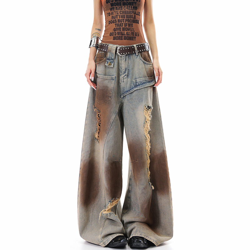 Kenabstudio Summer New Style Post-Apocalyptic Ripped Jeans for Women Tie-Dye Distressed Loose Slimming Wide-Leg Pants Kenabstudio Summer New Style Post-Apocalyptic Ripped Jeans for Women Tie-Dye Distressed Loose Slimming Wide-Leg Pants