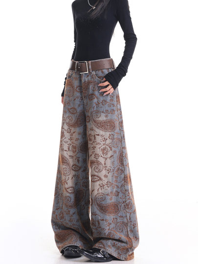 Kenabstudio Autumn and Winter New Blue Paisley Jeans for Women, Vintage Loose Versatile Wide-Leg Pants