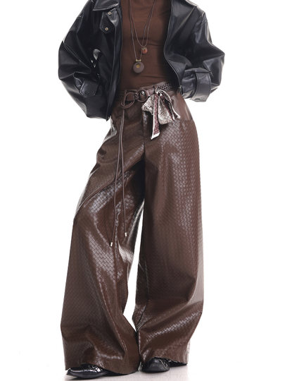 Kenabstudio Spring and Autumn New Coffee-Colored Woven Leather Pants for Women, Loose and Versatile Wide-Leg Casual Pants, Long Trousers