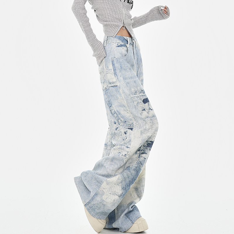 Kenabstudio Original Spring and Autumn American High Street Washed Tie-Dye Design High-Waisted Wide-Leg Jeans for Women