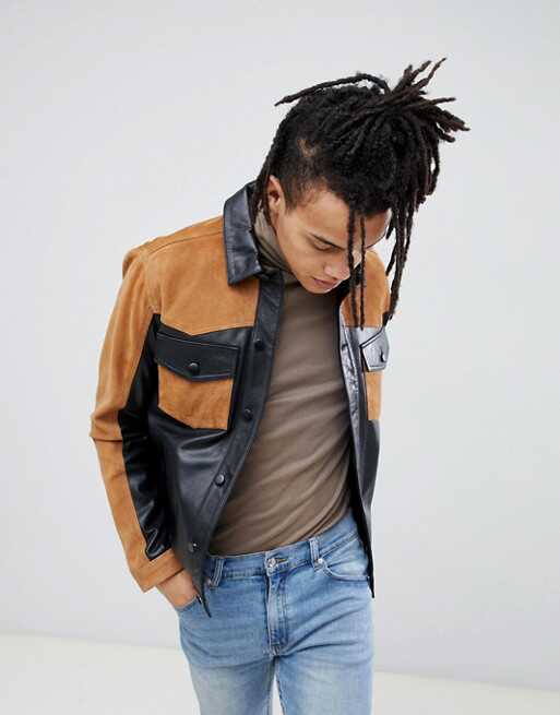 Asos Western Jacket Retro Patchwork Slim Fit Lapel Genuine Leather Jacket Motorcycle Trendy Men's Jacket