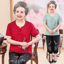 Womens summer cotton and linen suit for the elderly 80 moms short-sleeved T-shirt 60-70-year-old grandmas summer dress