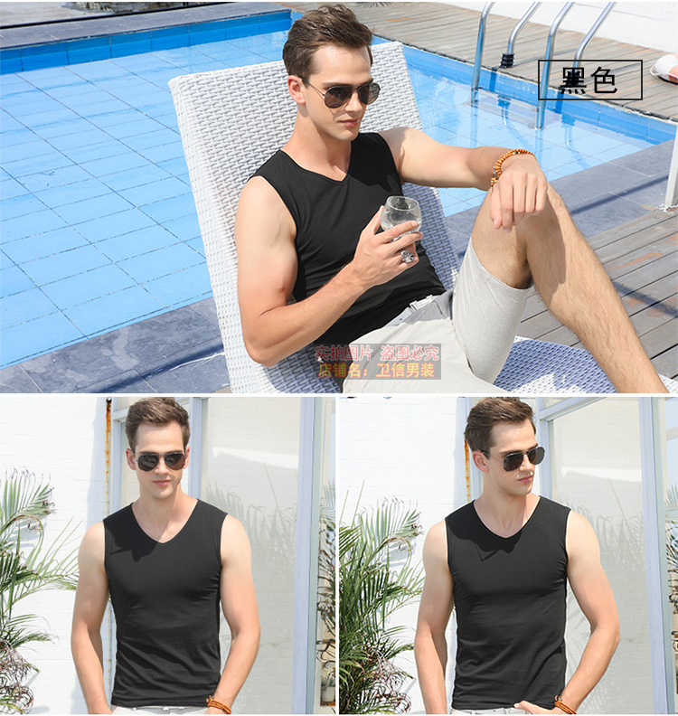 Của nam giới cotton màu đen rộng vai cắt thêu kích thước lớn vest vest không tay T-Shirt nam mới đàn hồi đáy áo sơ mi