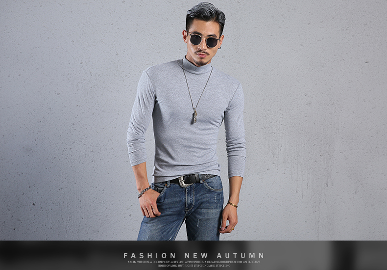 Mùa thu Slim màu rắn nửa cao cổ áo dài tay t-shirt nam cotton tight-fitting đáy xu hướng áo sơ mi trong cổ áo mùa thu quần áo kích thước lớn triều