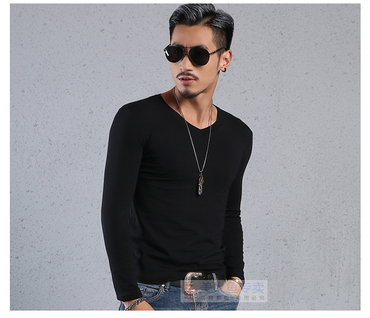 Cộng với áo thun nhung trẻ trung dày tay dài Áo thun cotton nam Hàn Quốc Slim cổ chữ V bó sát khi lên sóng áo thun burberry