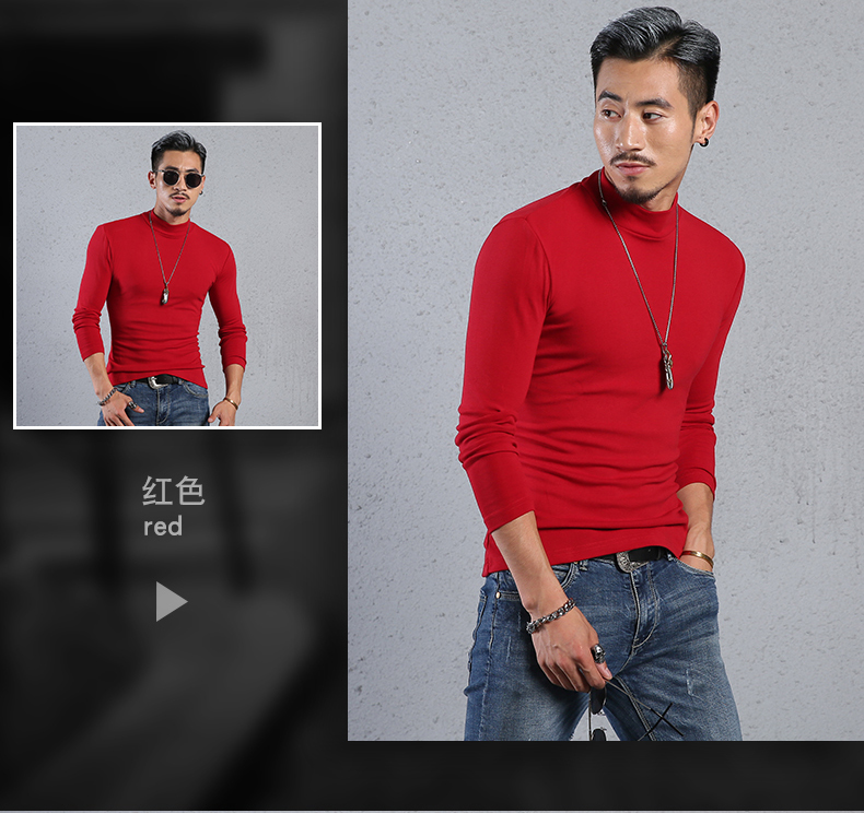 Mùa thu Slim màu rắn nửa cao cổ áo dài tay t-shirt nam cotton tight-fitting đáy xu hướng áo sơ mi trong cổ áo mùa thu quần áo kích thước lớn triều