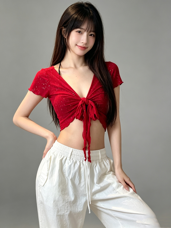 Jazz Dance New Style Sheer Mesh Short-Sleeve Top, Street Dance Trendy Brand with Glitter Straps, Slimming Cover-Up T-Shirt, Dual-Use Waist Tie Jazz Dance New Style Sheer Mesh Short-Sleeve Top, Street Dance Trendy Brand with Glitter Straps, Slimming Cover-Up T-Shirt, Dual-Use Waist Tie