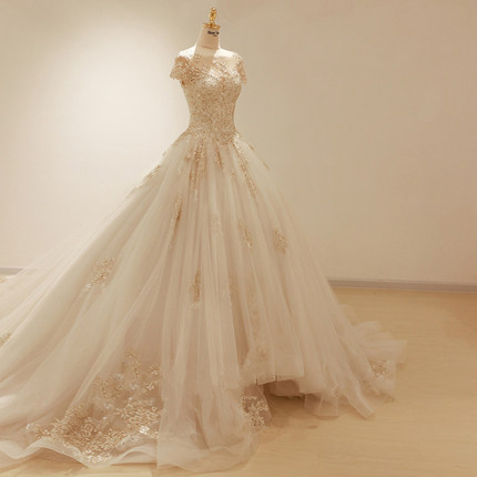 主婚纱礼服2018新款新娘拖尾一字肩重工奢华