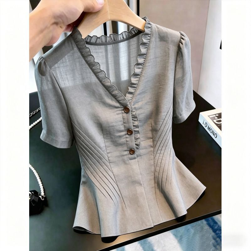 Designer French-Style 2026 Gray New Niche Shirt Summer Short-Sleeve High-End Pleated Waist-Slimming Top