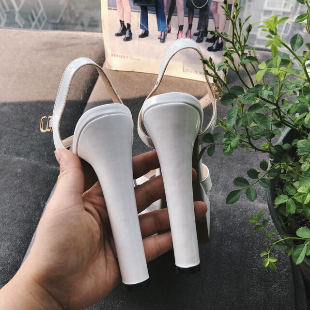 2024 New Sandals Cow Patent Leather Genuine Heel Thick High Heel Waterproof Platform White Square Toe Shoes Female Socialite Temperament 15cm Super