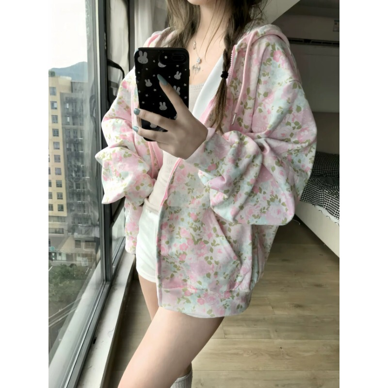 American Retro Lazy Style Full-Print Floral Cardigan Hooded Sweatshirt for Women Spring and Autumn New Loose Versatile Zipper Jacket