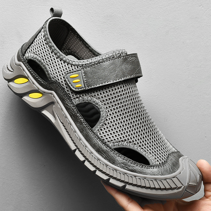 Western Regions Camel Net Shoes Men's Summer Leather Shoes Net Hole Hollow Breathable Sole Sandals Half Slippers Lazy