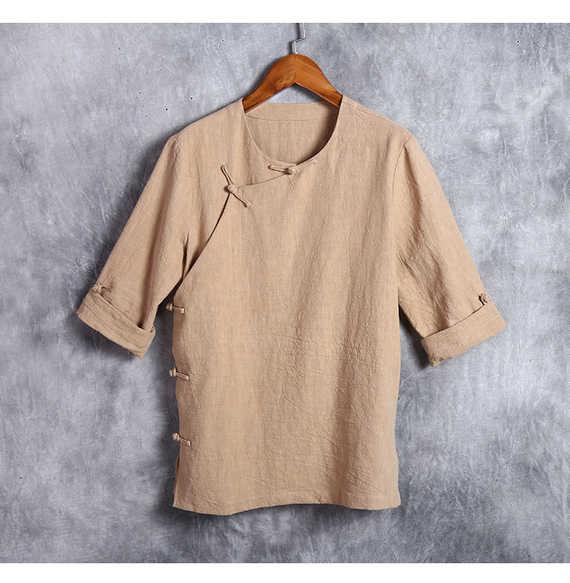 Bộ đồ Trung Quốc Tang Hanfu Quần áo nam phong cách Trung Quốc lay áo sơ mi lanh mùa xuân và hè thời trang nam nữ