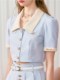 QDQD ສີຟ້າຂະຫນາດນ້ອຍ fragrance suit high-waisted culottes women's summer short top sweet cool college style lapel set two-piece