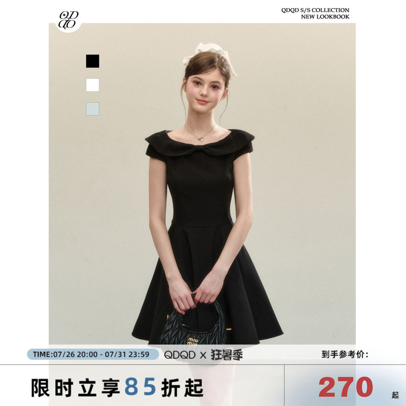 Qdqd Elegant One-Shoulder Black Dress, New Summer Style, Waist-Cinching, Slimming, French-Style High-End Puffy Short Skirt