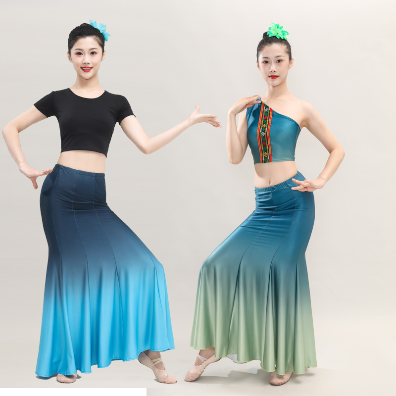 New Dai ethnic dance performance Costume Women Practice Dress National Performance Serve Fish Tail Half Body Dress Peacock Dance Art-Taobao