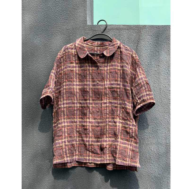 Hitchy's Japanese Imported Plaid Fabric Peter Pan Collar Loose Casual Open-Front Short-Sleeve Shirt for Women