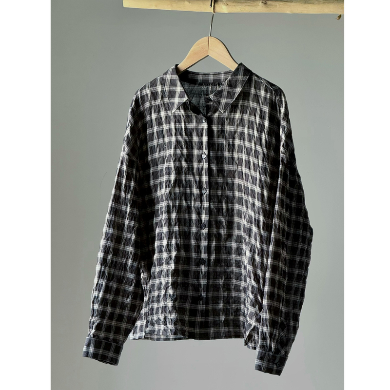 Hitchcock-Style Japanese Imported Black Plaid Fabric Lightweight Small Lapel Open-Front Long-Sleeve Early Autumn Women's Shirt