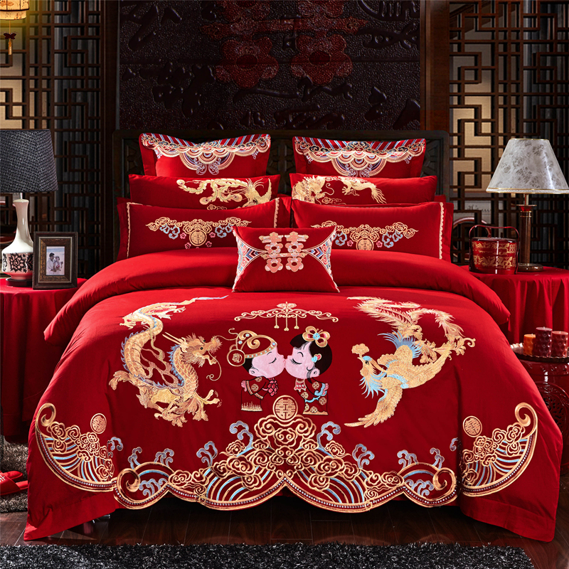 New Wedding Four-Piece Set, Bright Red, All-Cotton Embroidered Wedding Room Bedding, Pure Cotton Duvet Cover, Wedding Quilt, Sixty-Piece Set