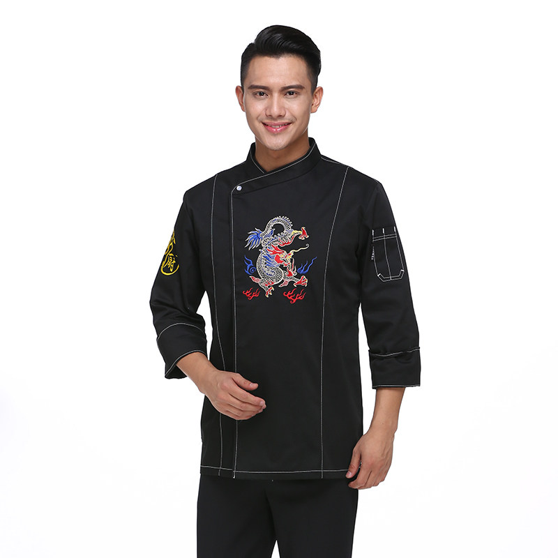 Denim fabric chef overalls Mens long-sleeved autumn and winter Chef embroidery colorful dragon pattern chef clothing